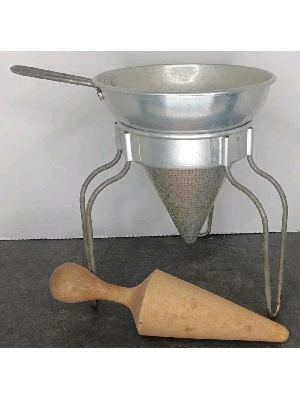 Vtg Wear-Ever No. 8 Aluminum Sieve Strainer w/ Wood Pestle, Stand Removable Legs